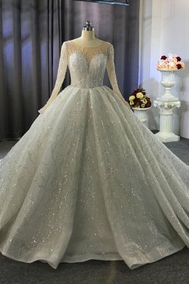 Luxuriöses Hochzeitskleid mit Glitzerperlen und langen Ärmeln, Pailletten, Aline-Brautkleid aus Satin_1