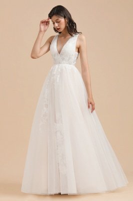 Elegant V-Neck Sleeveless White Wedding Dress Aline Backless Floral Lace Bridal Dress_1