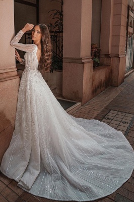Crystal Beads Long Sleeve Backless Ball Gown Wedding Dresses_2