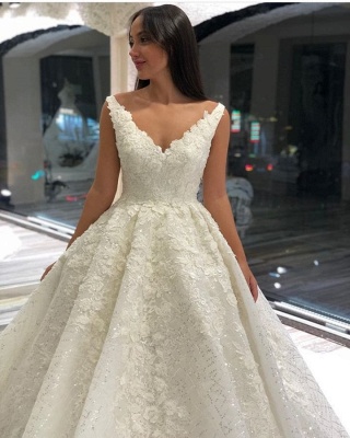 Appliques en dentelle de luxe bretelles A-ligne robe de mariée robe de bal_3