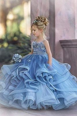 Straps Blue Ruffles Puffy Princess Flower Girl Dresses_2