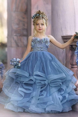 Trägerlose blaue Rüschen Puffy Princess Flower Girl Kleider_5