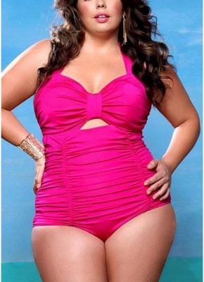 Plus Size Halter Ruched Backless Wireless Padded Swimsuit One Piece_1