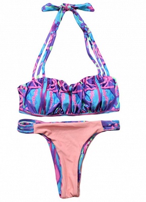 Sexy Frauen Strappy Halter Bikini Set Kontrast Print Backless Low Waist Ausschnitt Tanga Biquini Swimwear Badeanzug_2