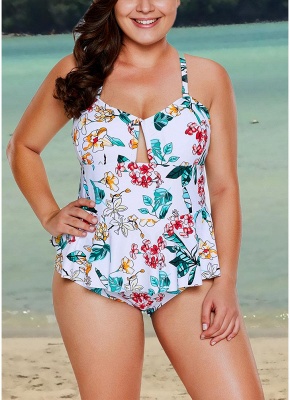 Women Plus Size One Piece Swimsuit Floral Print Ruffles Hollow Out_1