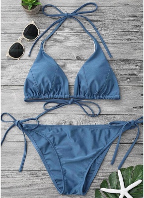 Solid Color Halter Bandage Tie Bikini Set_3