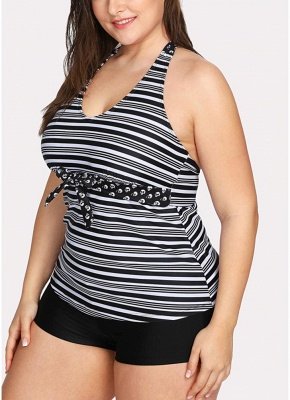 Women Plus Size Swimsuit Halter Striped Print Backless Two Piece Sexy Bikini Swimwear_5