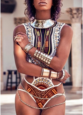 Sexy Frauen-ethnischer Druck-einteiliger Badeanzug höhlen Vintage afrikanische Ägypten-Badebekleidung Tankini aus_1