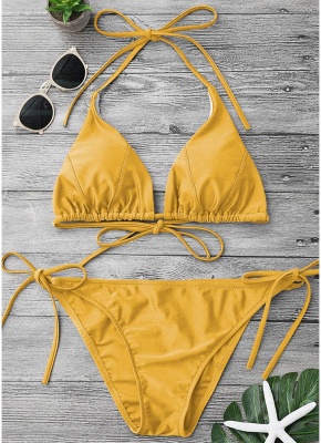 Solid Color Halter Bandage Tie Bikini Set_2