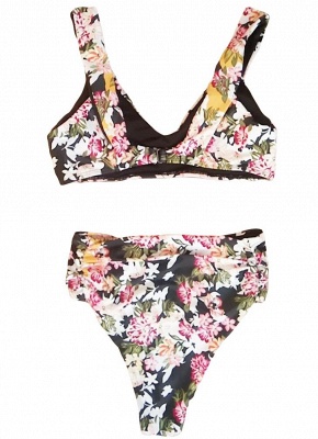 Frauen Floral Bikini Set V-Ausschnitt Sleeveless Polsterung Druck Bade Beach Swimwear Badeanzug_4