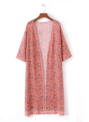 Mode En Mousseline de Soie Imprimé Avant Ouvert Femmes Lâche Long Kimono Mince_4
