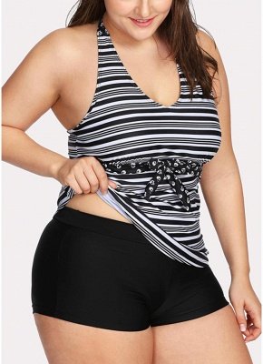 Women Plus Size Swimsuit Halter Striped Print Backless Two Piece Sexy Bikini Swimwear_4