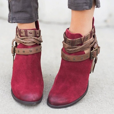 Velvet Adjustable Buckle Daily Pointed Toe Chunky Boots_7