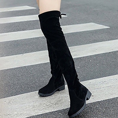 Black Suede Daily Chunky Heel Round Toe Boots_7