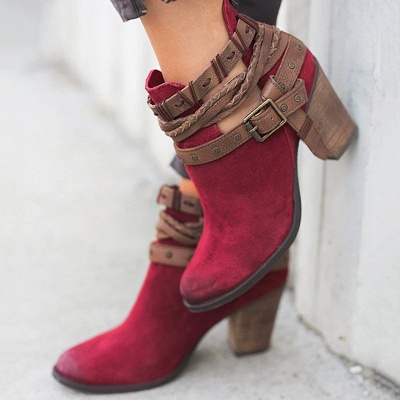 Velvet Adjustable Buckle Daily Pointed Toe Chunky Boots_6