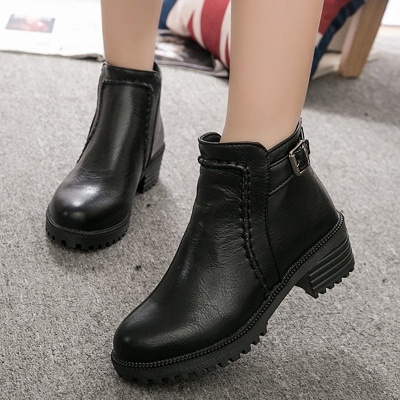 Daily Chunky Heel Zipper Round Toe Buckle Boots_4