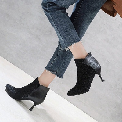 Zipper Date Cone Heel Pointed Toe Sequin   Boots_4