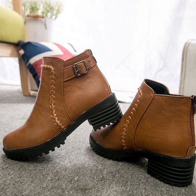 Daily Chunky Heel Zipper Round Toe Buckle Boots_8