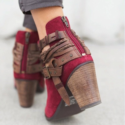 Velvet Adjustable Buckle Daily Pointed Toe Chunky Boots_5