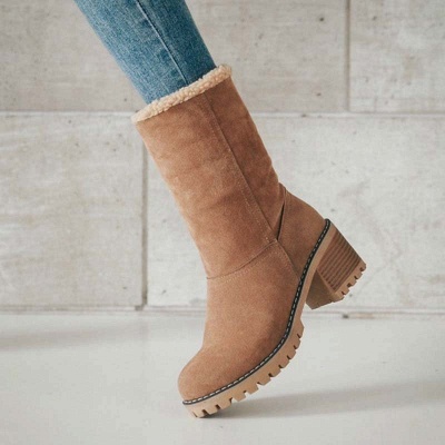 Nubuck Chunky Heel Slip-On Round Toe Boots_1