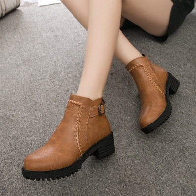 Daily Chunky Heel Zipper Round Toe Buckle Boots_5