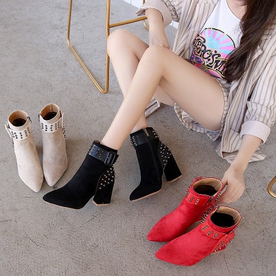Suede Chunky Heel Daily Lace-up Rivet Boots_9