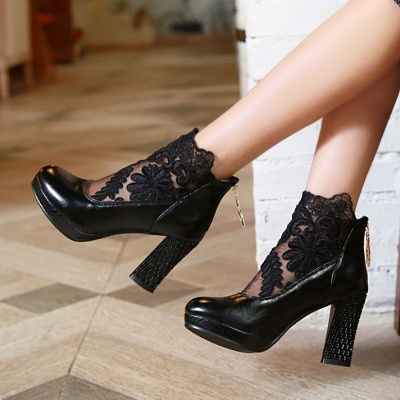 Mesh Fabric Zipper Round Toe Embroidery Boots_4