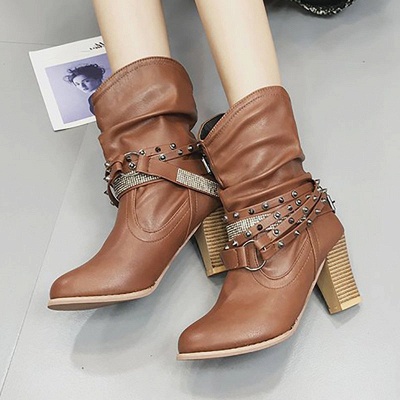 Rivet Chunky Heel Daily Pointed Toe Buckle Boots_10
