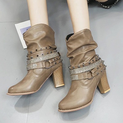 Rivet Chunky Heel Daily Pointed Toe Buckle Boots_2