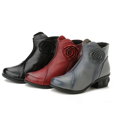 Daily Flower Round Toe Zipper Chunky Heel Boots_8