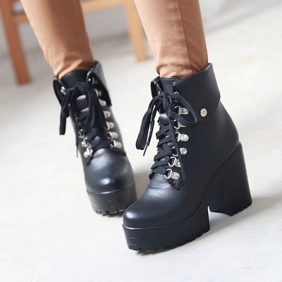 Chunky Heel Lace-up PU Daily Round Toe Boot_3