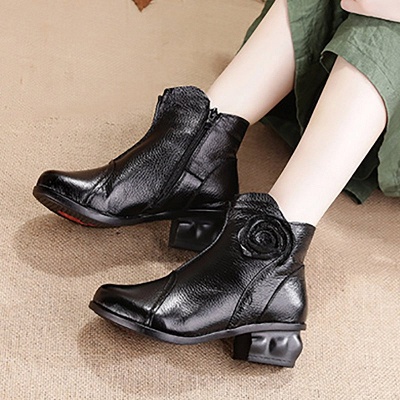 Daily Flower Round Toe Zipper Chunky Heel Boots_6