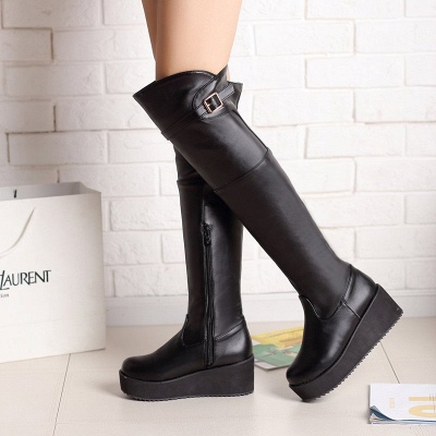 Women's Boots Wedge Heel Black Round Toe Boots_4