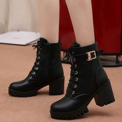 Lace-up Chunky Heel Round Toe Buckle Elegant Boots_2