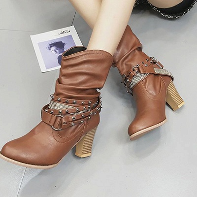 Rivet Chunky Heel Daily Pointed Toe Buckle Boots_1