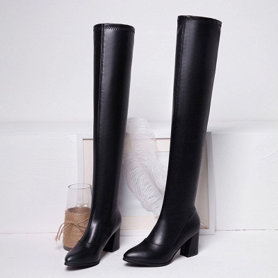 Black Winter Chunky Heel Daily Pointed Toe PU Boot_6
