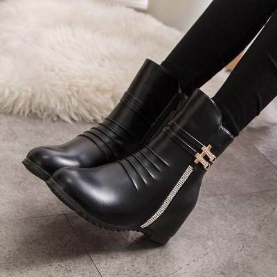 Daily Zipper PU Wedge Heel Round Toe Elegant Boots_5