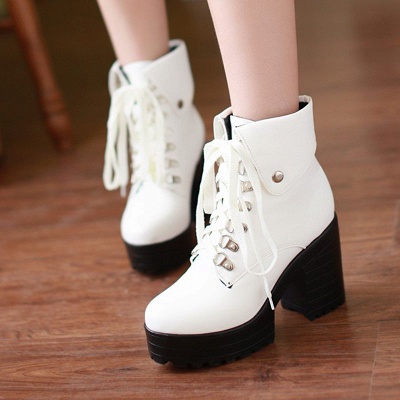 Chunky Heel Lace-up PU Daily Round Toe Boot_1
