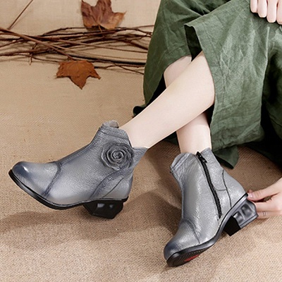 Daily Flower Round Toe Zipper Chunky Heel Boots_7