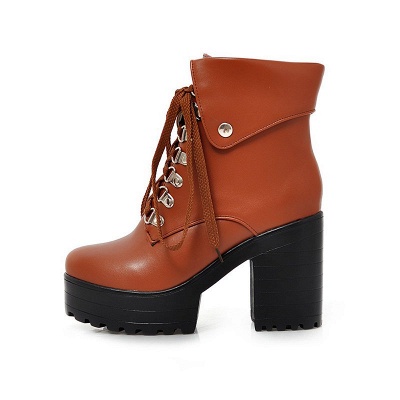 Chunky Heel Lace-up PU Daily Round Toe Boot_9