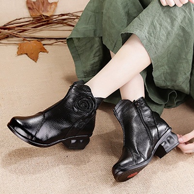 Daily Flower Round Toe Zipper Chunky Heel Boots_5