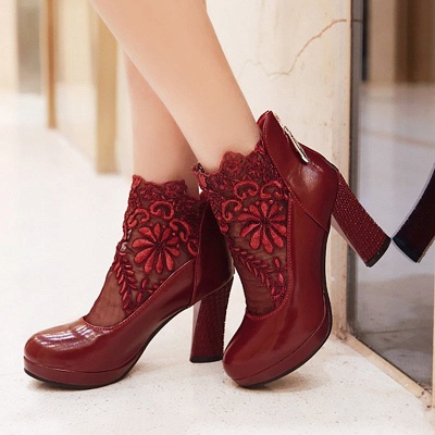 Mesh Fabric Zipper Round Toe Embroidery Boots_5