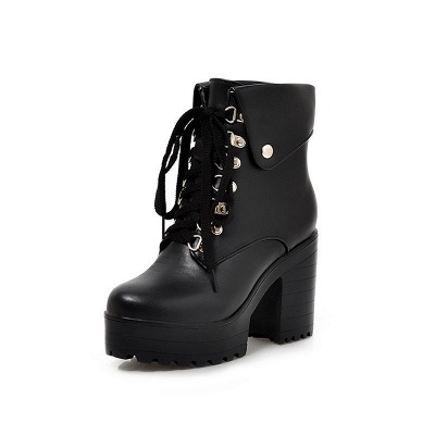 Chunky Heel Lace-up PU Daily Round Toe Boot_8