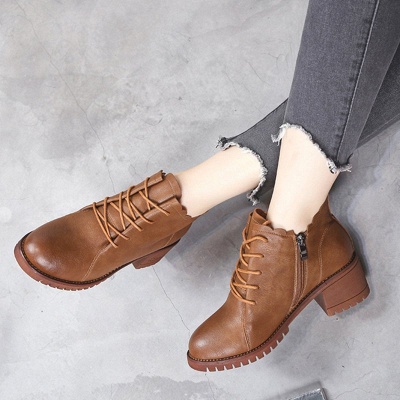 Chunky Heel Zipper Round Toe Lace-up Boots_5