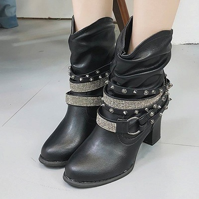 Rivet Chunky Heel Daily Pointed Toe Buckle Boots_4