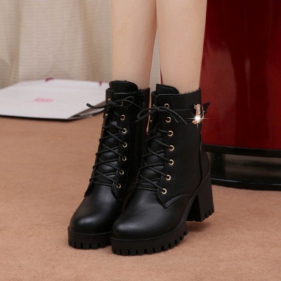 Lace-up Chunky Heel Round Toe Buckle Elegant Boots_5