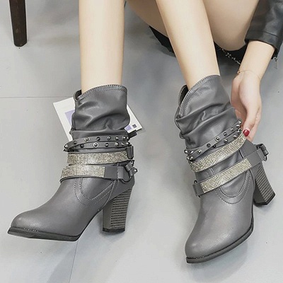Rivet Chunky Heel Daily Pointed Toe Buckle Boots_11