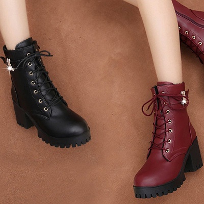 Lace-up Chunky Heel Round Toe Buckle Elegant Boots_6