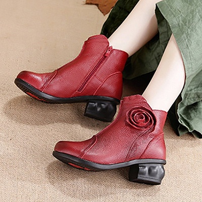 Daily Flower Round Toe Zipper Chunky Heel Boots_4