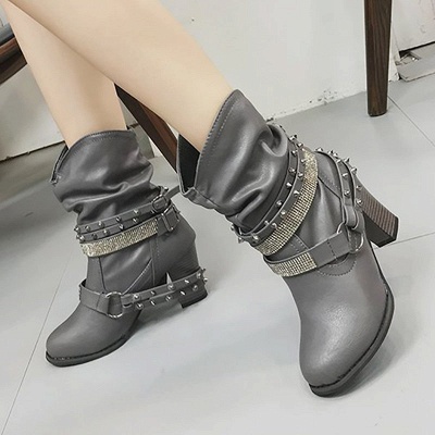 Rivet Chunky Heel Daily Pointed Toe Buckle Boots_5